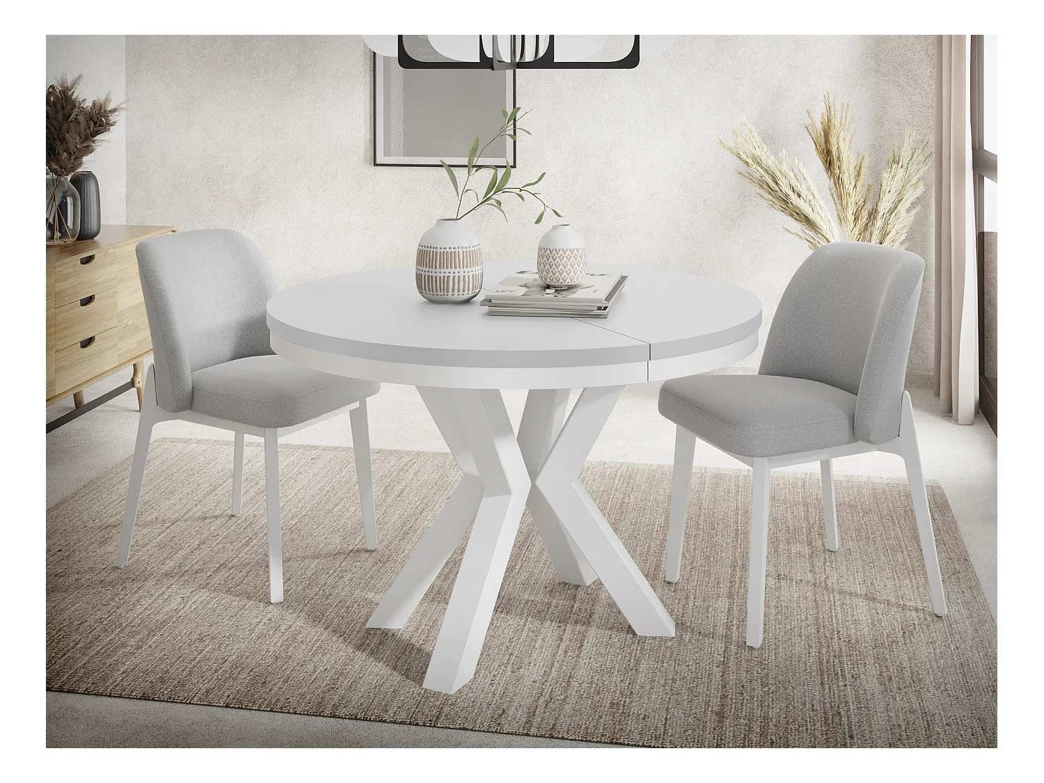 Runder Ausziehbarer Esstisch im Loft-Stil - Industrieller Tisch mit Weißen Metallbeinen - Platzsparender Tisch für Wohnzimmer - Weiß - 100 bis 180 cm