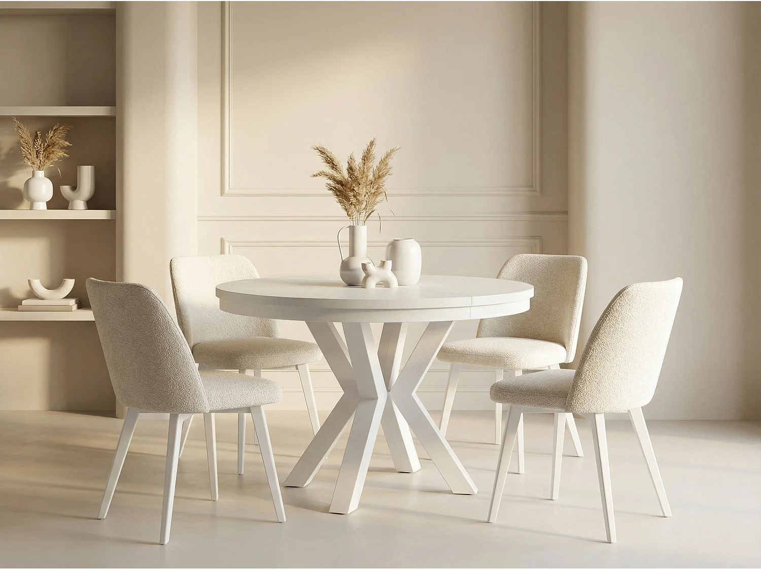 Runder Ausziehbarer Esstisch im Loft-Stil - Industrieller Tisch mit Weißen Metallbeinen - Platzsparender Tisch für Wohnzimmer - Weiß - 100 bis 180 cm