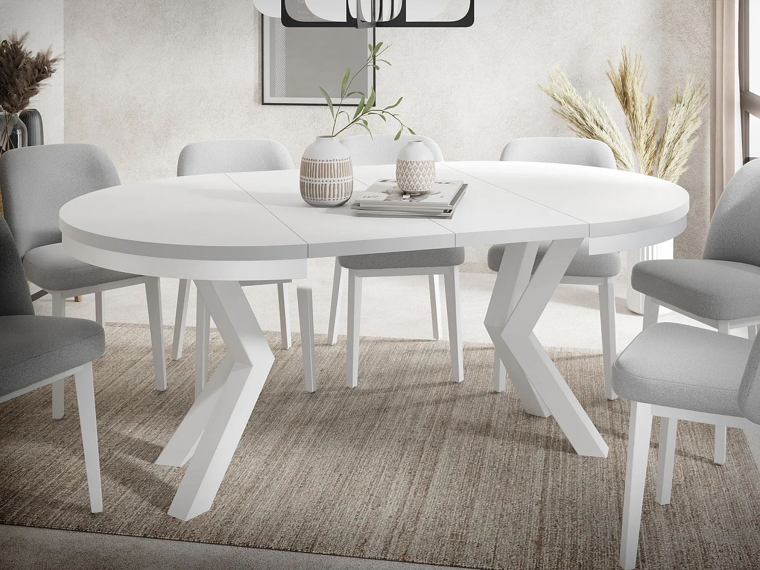 Runder Ausziehbarer Esstisch im Loft-Stil - Industrieller Tisch mit Weißen Metallbeinen - Platzsparender Tisch für Wohnzimmer - Weiß - 100 bis 180 cm