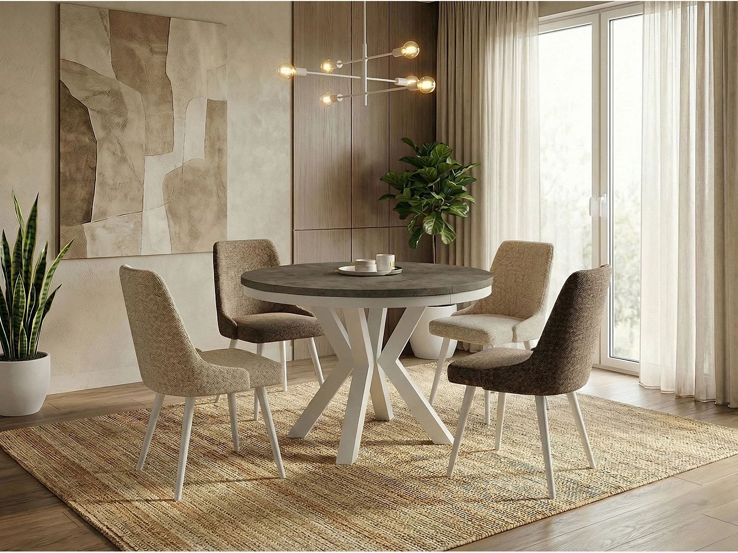 Table à Manger Ronde Extensible Style Loft - Table avec Pieds Métalliques Blancs - Table Gain de Place pour Salon - Béton Chicago Gris Foncé - 100 à 180 cm