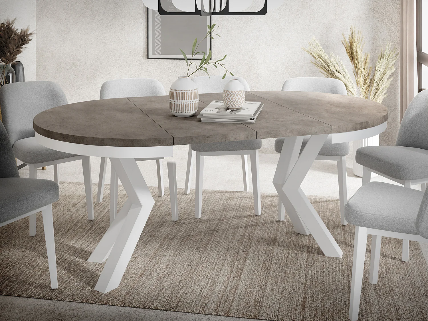 Runder Ausziehbarer Esstisch im Loft-Stil - Tisch mit Weißen Metallbeinen - Platzsparender Tisch für Wohnzimmer - Dark Grey Chicago Concrete 120 bis 180 cm