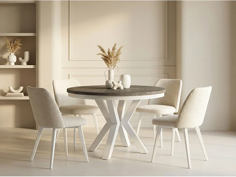 Runder Ausziehbarer Esstisch im Loft-Stil - Tisch mit Weißen Metallbeinen - Platzsparender Tisch für Wohnzimmer - Dark Grey Chicago Concrete 120 bis 180 cm