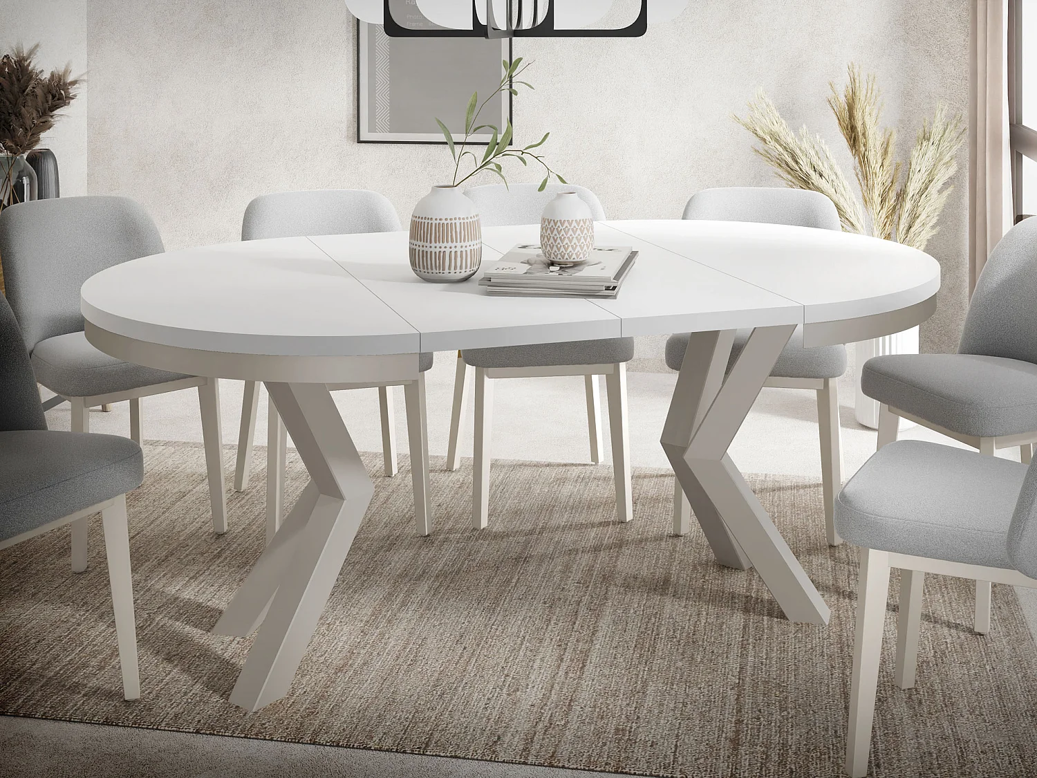 Runder Ausziehbarer Esstisch im Loft-Stil - Industrieller Tisch mit Grau-Beige Metallbeinen - Platzsparender Tisch für Wohnzimmer - Weiß 120 bis 200 cm