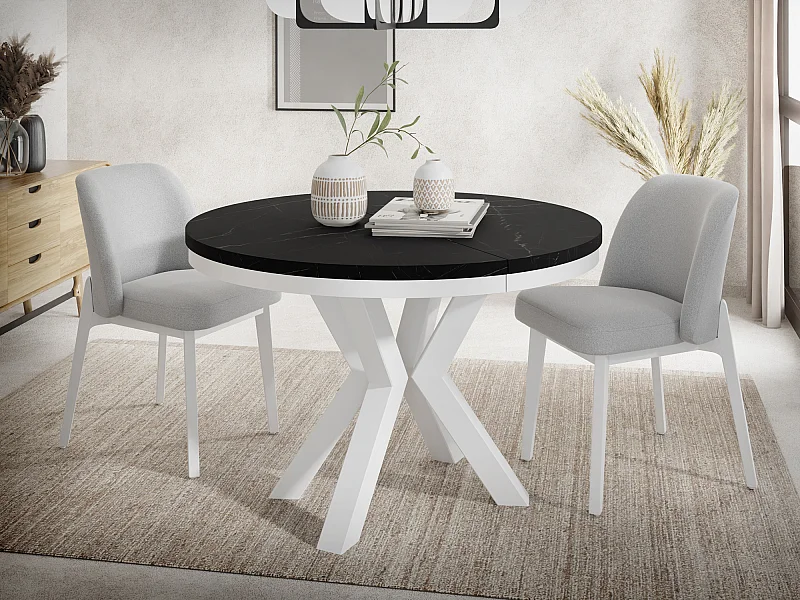 Runder Ausziehbarer Esstisch im Loft-Stil - Industrieller Tisch mit Weißen Metallbeinen - Platzsparender Tisch für Wohnzimmer - Marmor Schwarz - 100 bis 180 cm