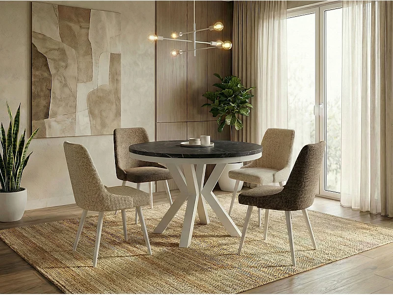 Table à Manger Ronde Extensible Style Loft - Table avec Pieds Métalliques Blancs - Table Gain de Place pour Salon - Marbre Noir - 100 à 180 cm