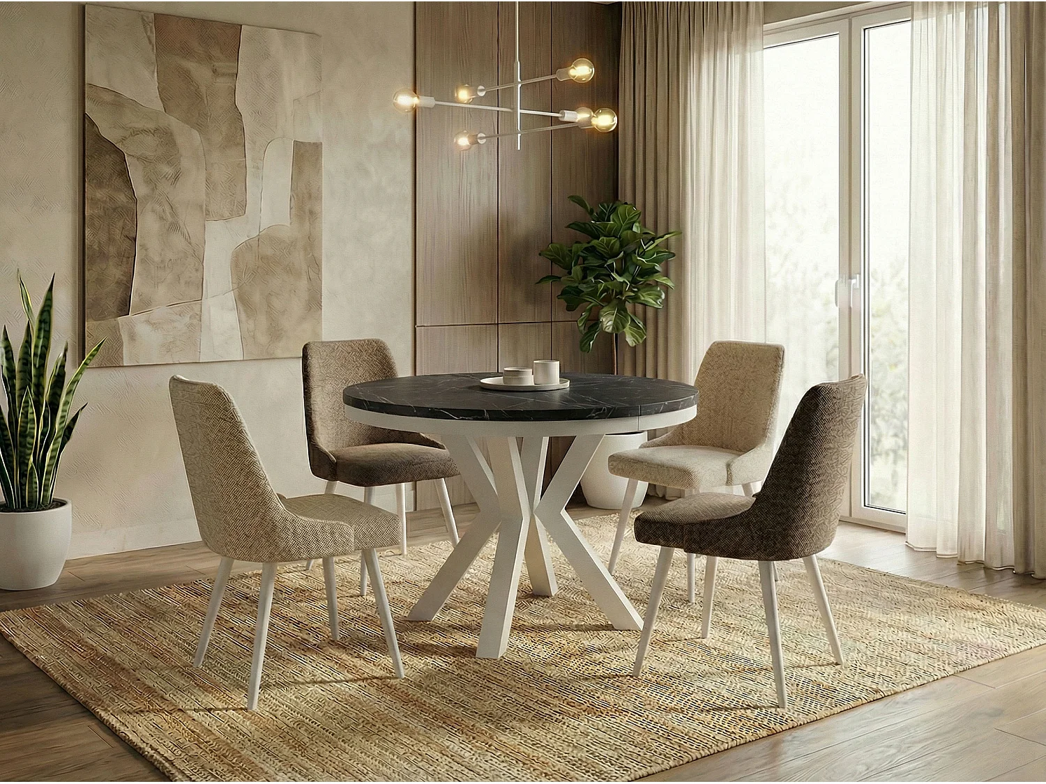 Table à Manger Ronde Extensible Style Loft - Table avec Pieds Métalliques Blancs - Table Gain de Place pour Salon - Marbre Noir - 100 à 180 cm