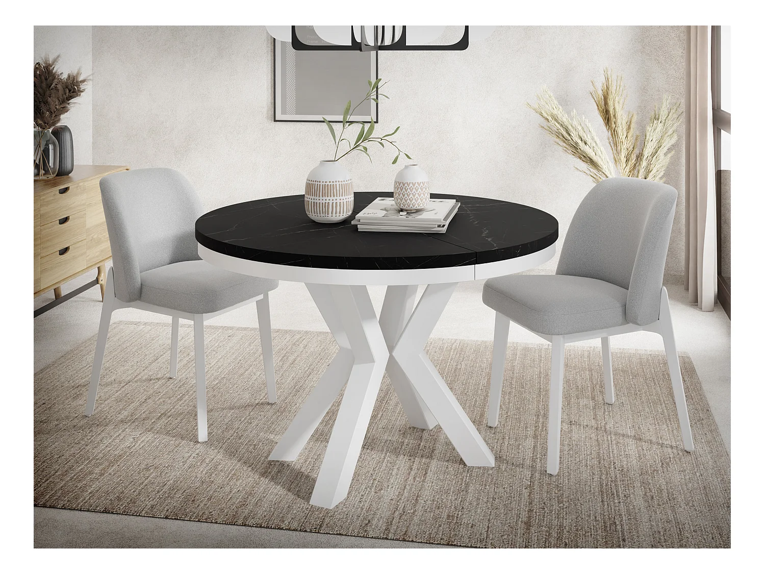 Runder Ausziehbarer Esstisch im Loft-Stil - Industrieller Tisch mit Weißen Metallbeinen - Platzsparender Tisch für Wohnzimmer - Marmor Schwarz - 100 bis 180 cm