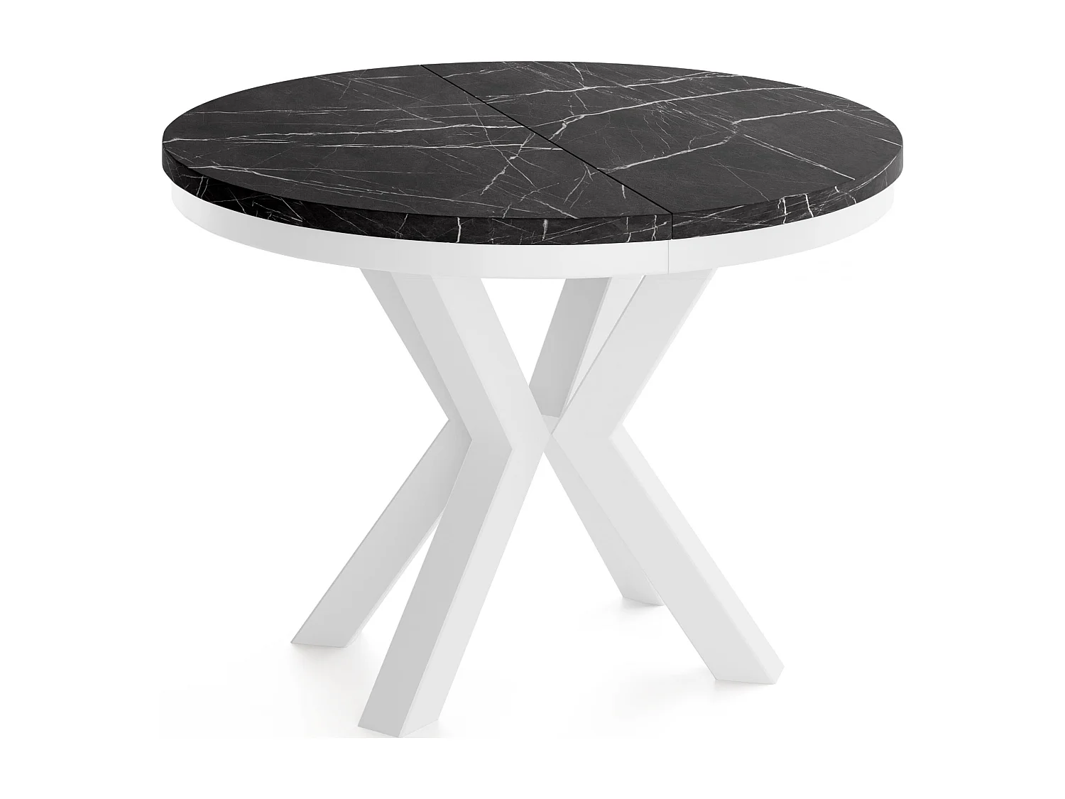 Runder Ausziehbarer Esstisch im Loft-Stil - Industrieller Tisch mit Weißen Metallbeinen - Platzsparender Tisch für Wohnzimmer - Marmor Schwarz - 100 bis 180 cm