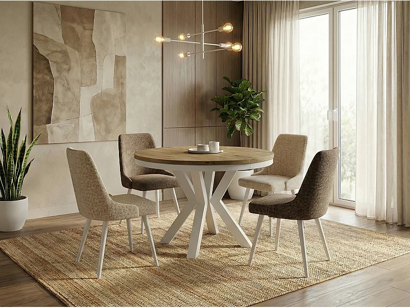 Table à Manger Ronde Extensible Style Loft - Table avec Pieds Métalliques Blancs - Table Gain de Place pour Salon - Chêne Lancelot - 120 à 200 cm