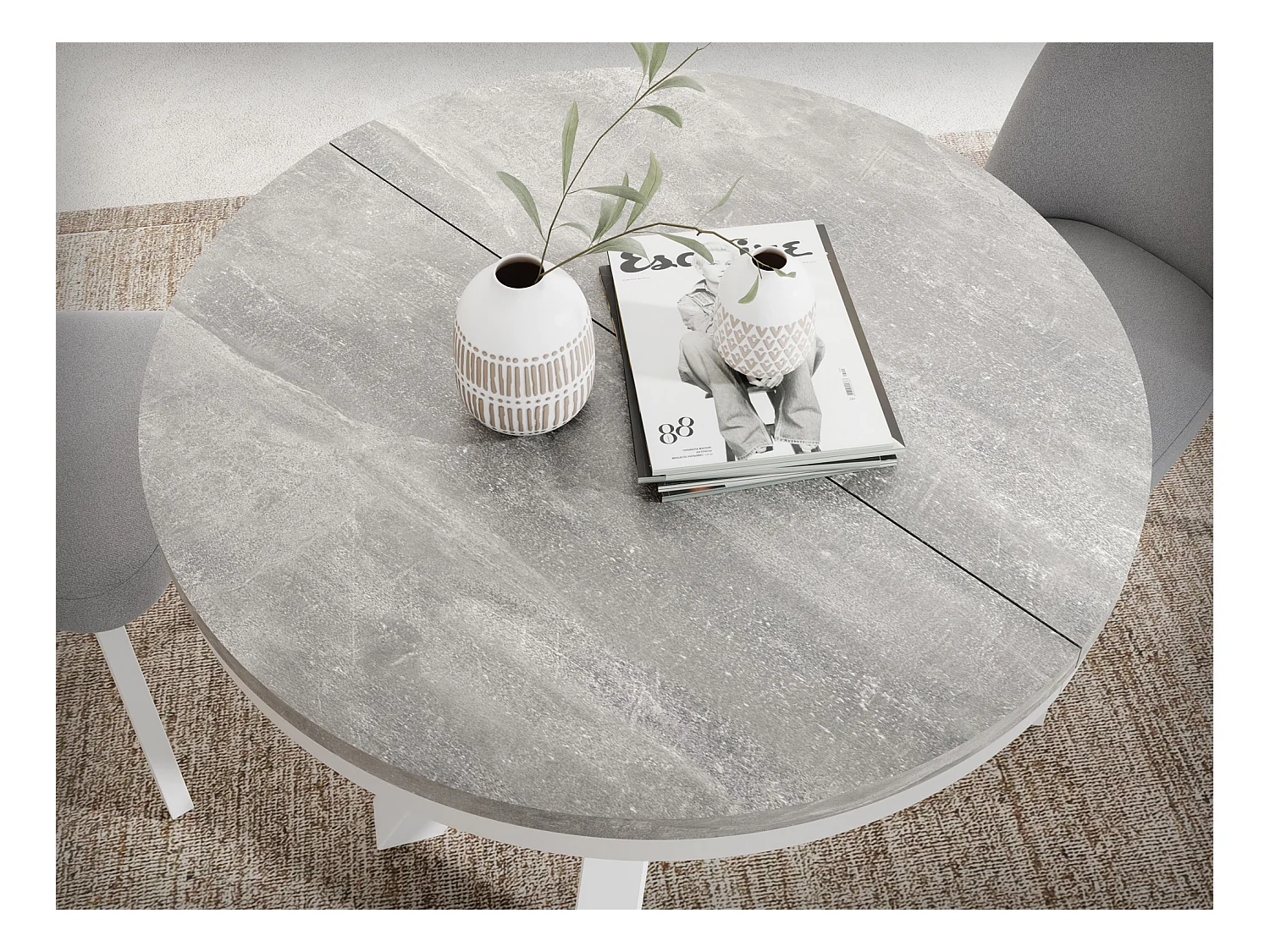 Table à Manger Ronde Extensible Style Loft - Table avec Pieds Métalliques Blancs - Table Gain de Place pour Salon - Béton Gris - 100 à 180 cm