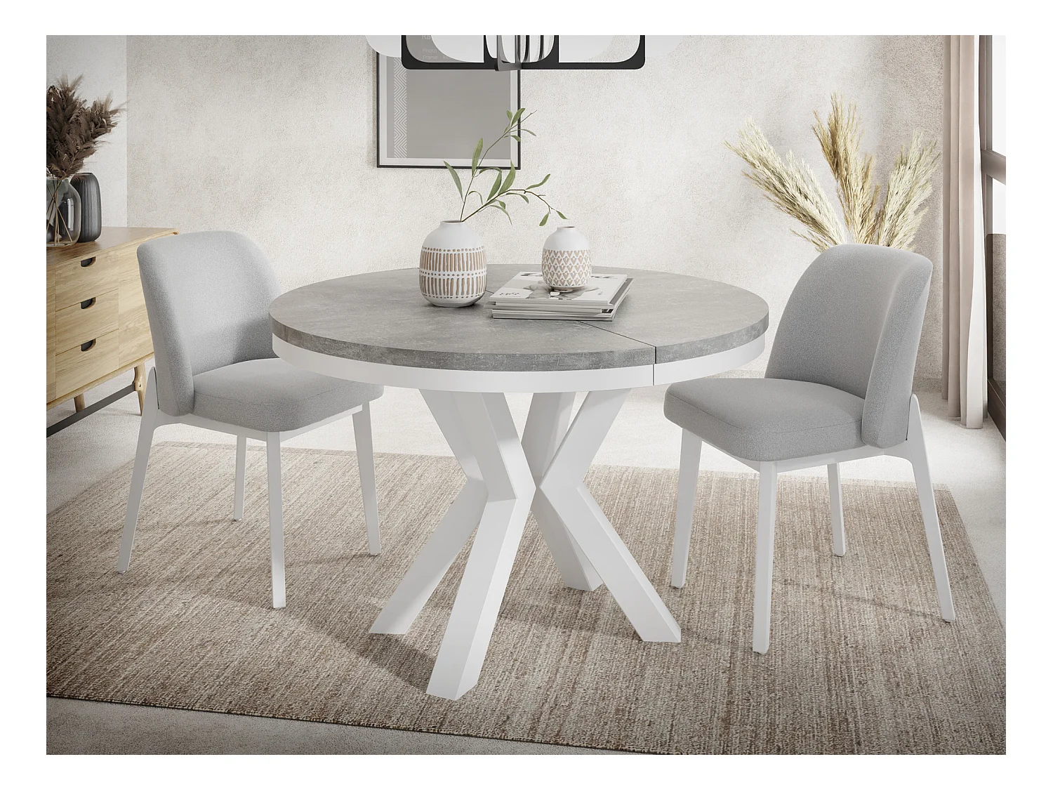 Runder Ausziehbarer Esstisch im Loft-Stil - Industrieller Tisch mit Weißen Metallbeinen - Platzsparender Tisch für Wohnzimmer - Grauer Beton - 100 bis 180 cm