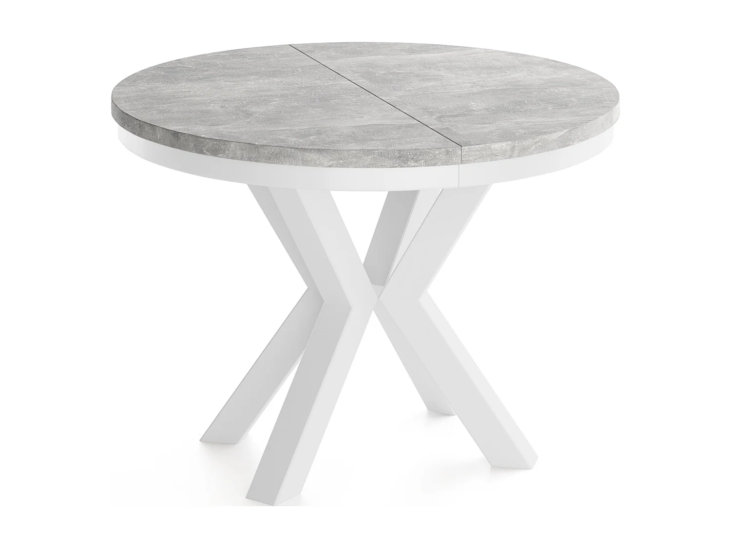 Runder Ausziehbarer Esstisch im Loft-Stil - Industrieller Tisch mit Weißen Metallbeinen - Platzsparender Tisch für Wohnzimmer - Grauer Beton - 100 bis 180 cm