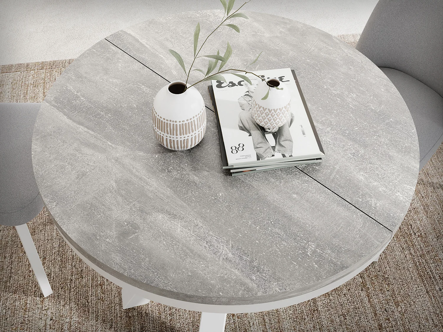 Runder Ausziehbarer Esstisch im Loft-Stil - Industrieller Tisch mit Weißen Metallbeinen - Platzsparender Tisch für Wohnzimmer - Grauer Beton - 100 bis 180 cm