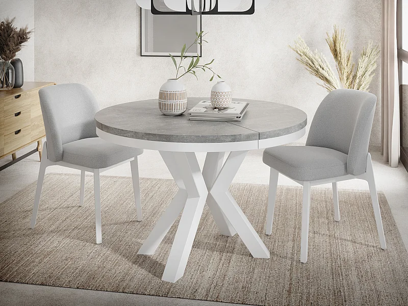 Table à Manger Ronde Extensible Style Loft - Table avec Pieds Métalliques Blancs - Table Gain de Place pour Salon - Béton Gris - 100 à 180 cm