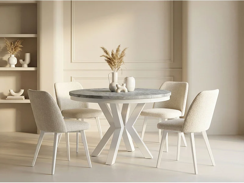 Table à Manger Ronde Extensible Style Loft - Table avec Pieds Métalliques Blancs - Table Gain de Place pour Salon - Béton Gris - 100 à 180 cm