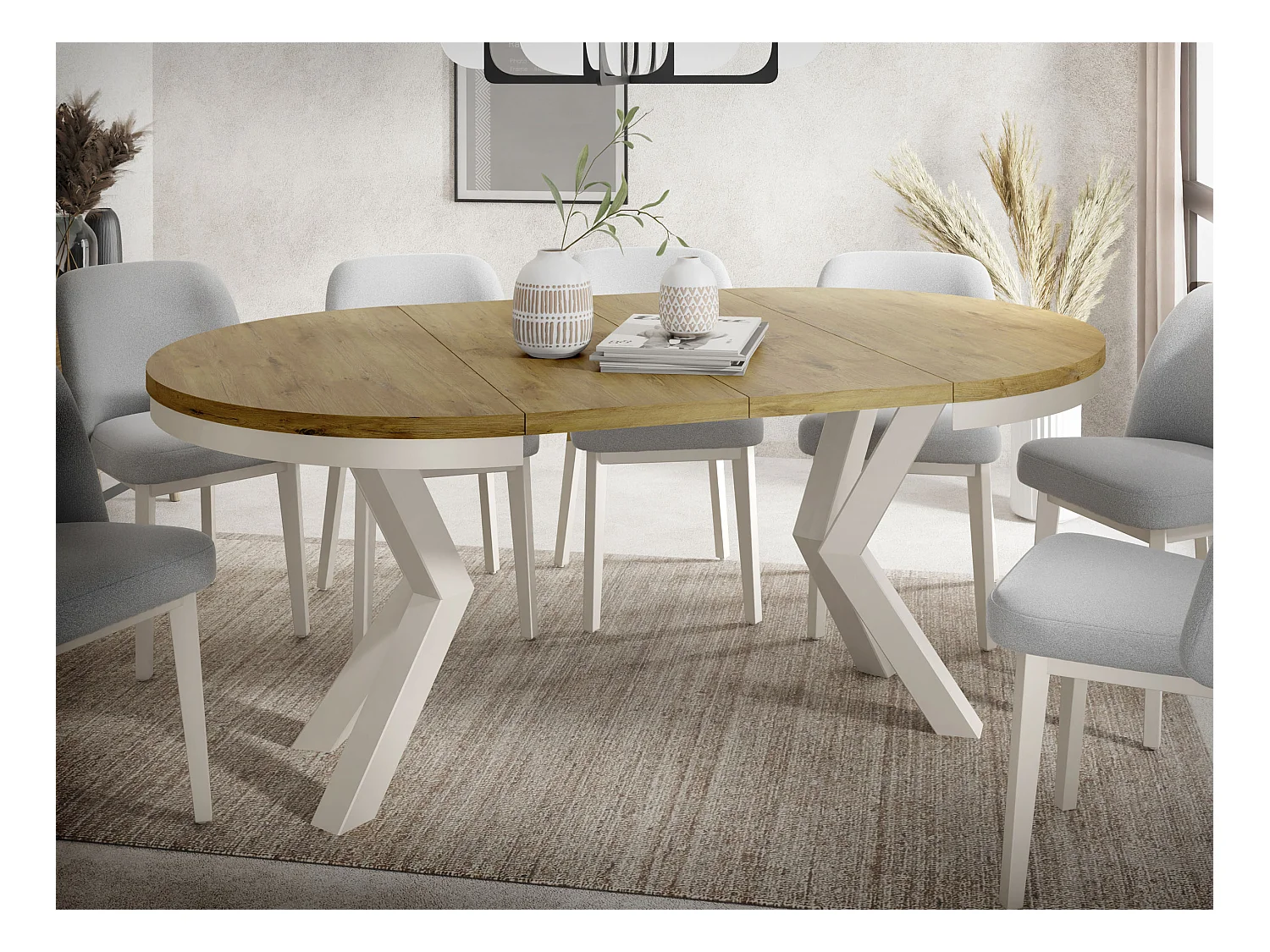 Table à Manger Ronde Extensible Style Loft - Table avec Pieds Métalliques Beige Cashmere - Table Gain de Place pour Salon - Chêne Lancelot - 120 à 200 cm