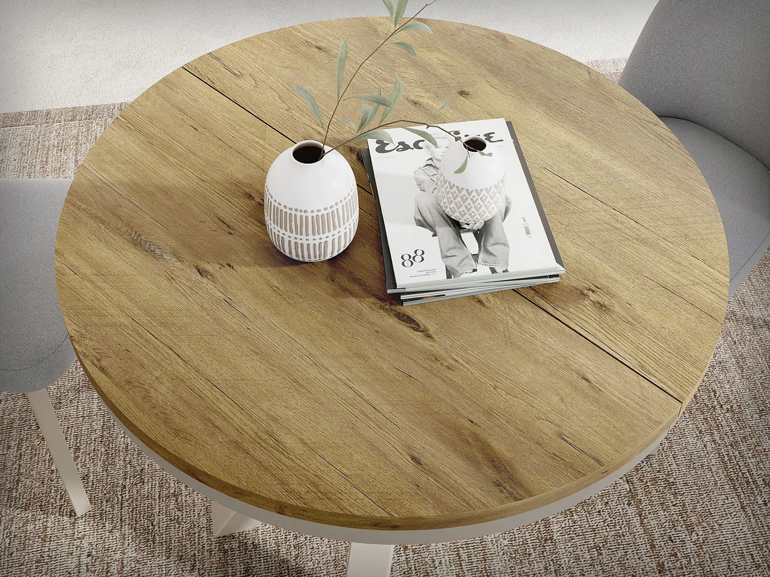 Runder Ausziehbarer Esstisch im Loft-Stil - Tisch mit grau-beige Metallbeinen - Platzsparender Tisch für Wohnzimmer - Lancelot Eiche - 120 bis 200 cm