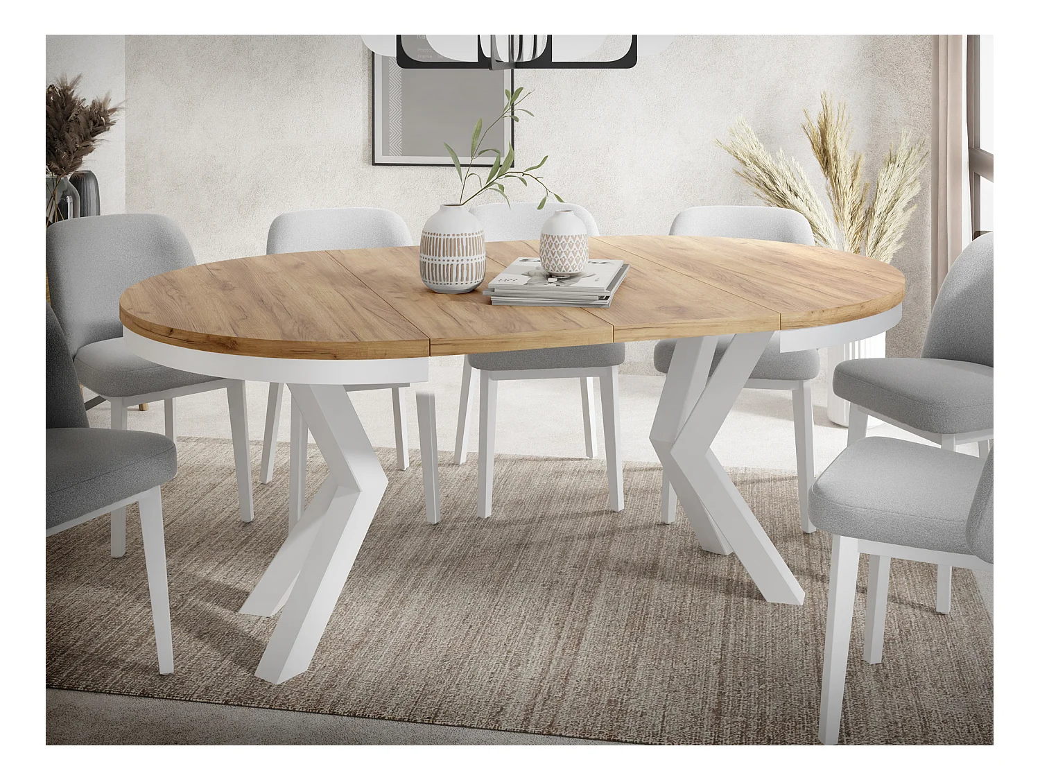 Table à Manger Ronde Extensible Style Loft - Table avec Pieds Métalliques Blancs - Table Gain de Place pour Salon - Chêne Craft Or - 120 à 200 cm