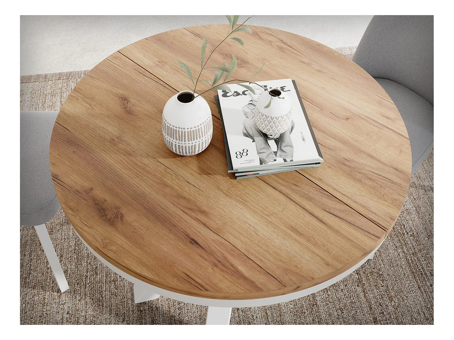 Table à Manger Ronde Extensible Style Loft - Table avec Pieds Métalliques Blancs - Table Gain de Place pour Salon - Chêne Craft Or - 120 à 200 cm