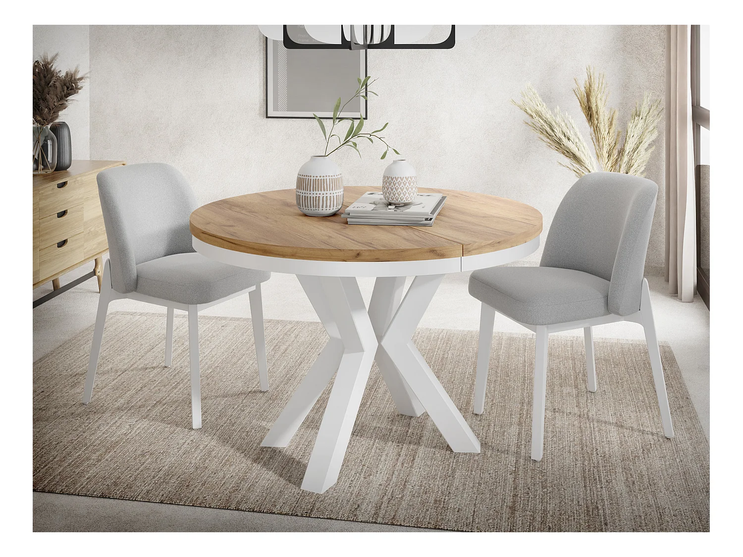 Runder Ausziehbarer Esstisch im Loft-Stil - Industrieller Tisch mit Weißen Metallbeinen - Platzsparender Tisch für Wohnzimmer - Craft Eiche - 120 bis 200 cm