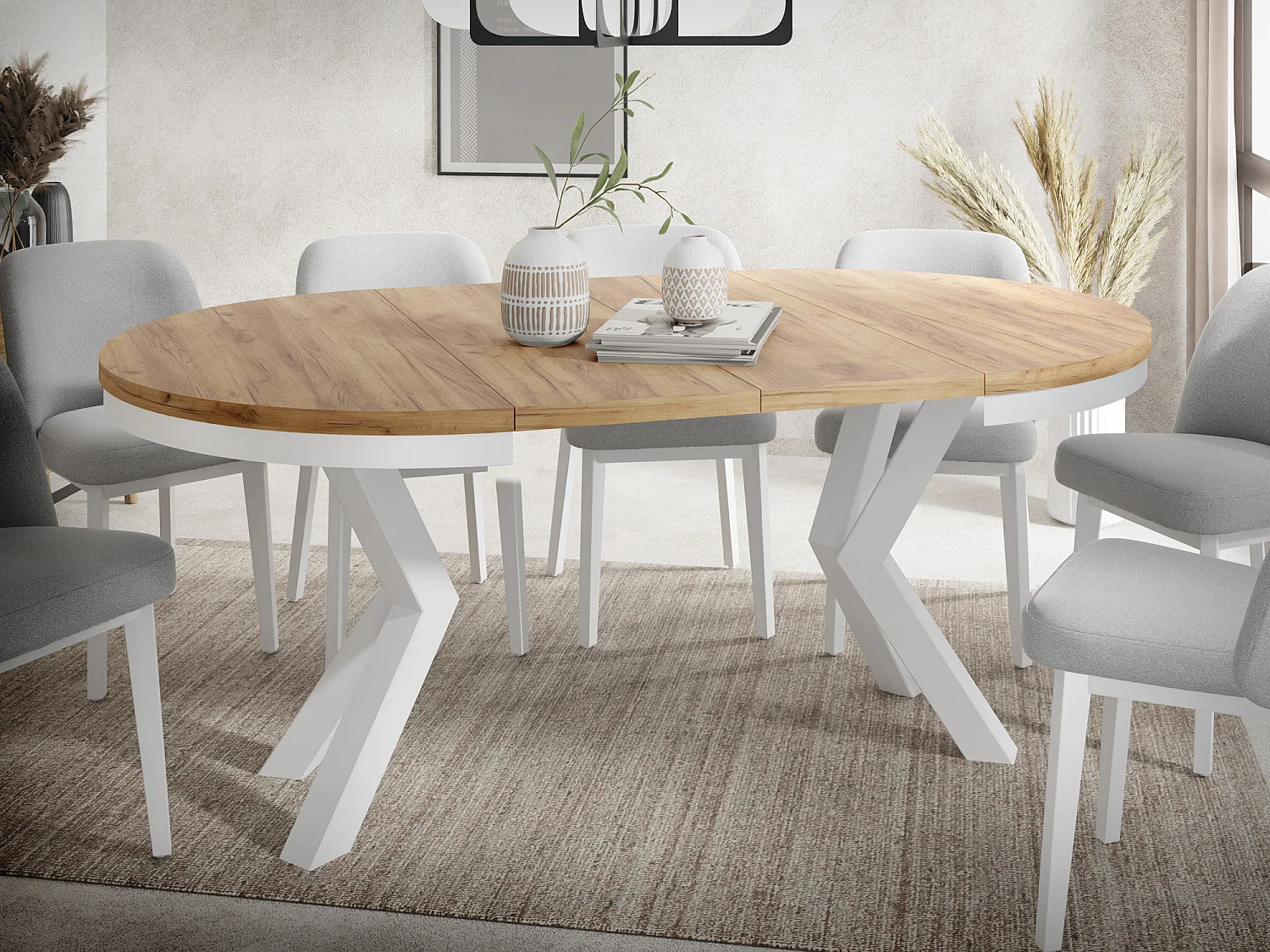 Runder Ausziehbarer Esstisch im Loft-Stil - Industrieller Tisch mit Weißen Metallbeinen - Platzsparender Tisch für Wohnzimmer - Craft Eiche - 120 bis 200 cm
