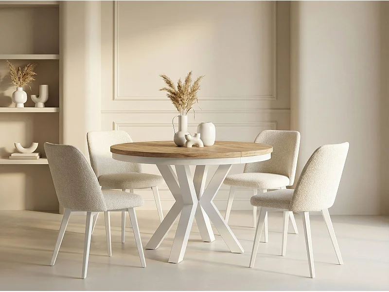 Runder Ausziehbarer Esstisch im Loft-Stil - Industrieller Tisch mit Weißen Metallbeinen - Platzsparender Tisch für Wohnzimmer - Craft Eiche - 120 bis 200 cm