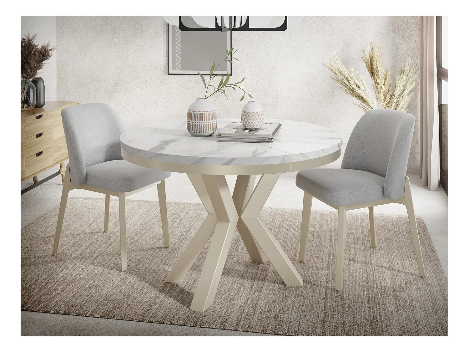 Runder Ausziehbarer Esstisch im Loft-Stil - Industrieller Tisch mit Beige Cashmere Metallbeinen - Platzsparender Tisch für Wohnzimmer - Marmor Weiß 100 bis 180 cm