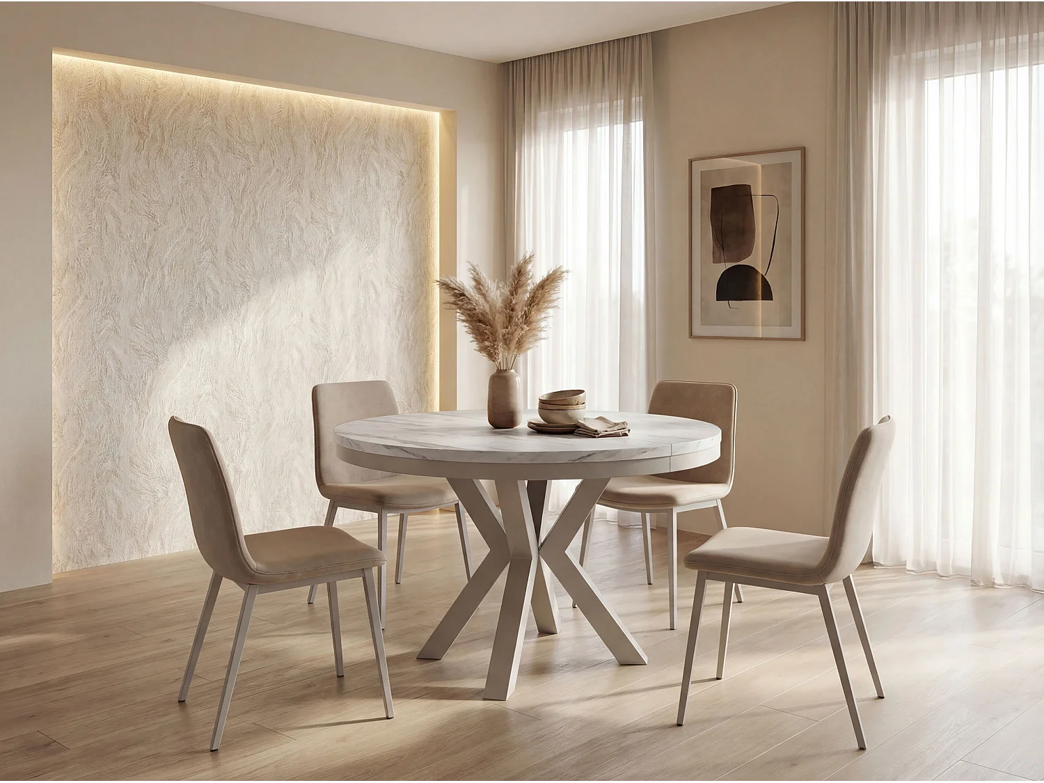 Runder Ausziehbarer Esstisch im Loft-Stil - Industrieller Tisch mit Grau-Beige Metallbeinen - Platzsparender Tisch für Wohnzimmer - Marmor Weiß 100 bis 180 cm