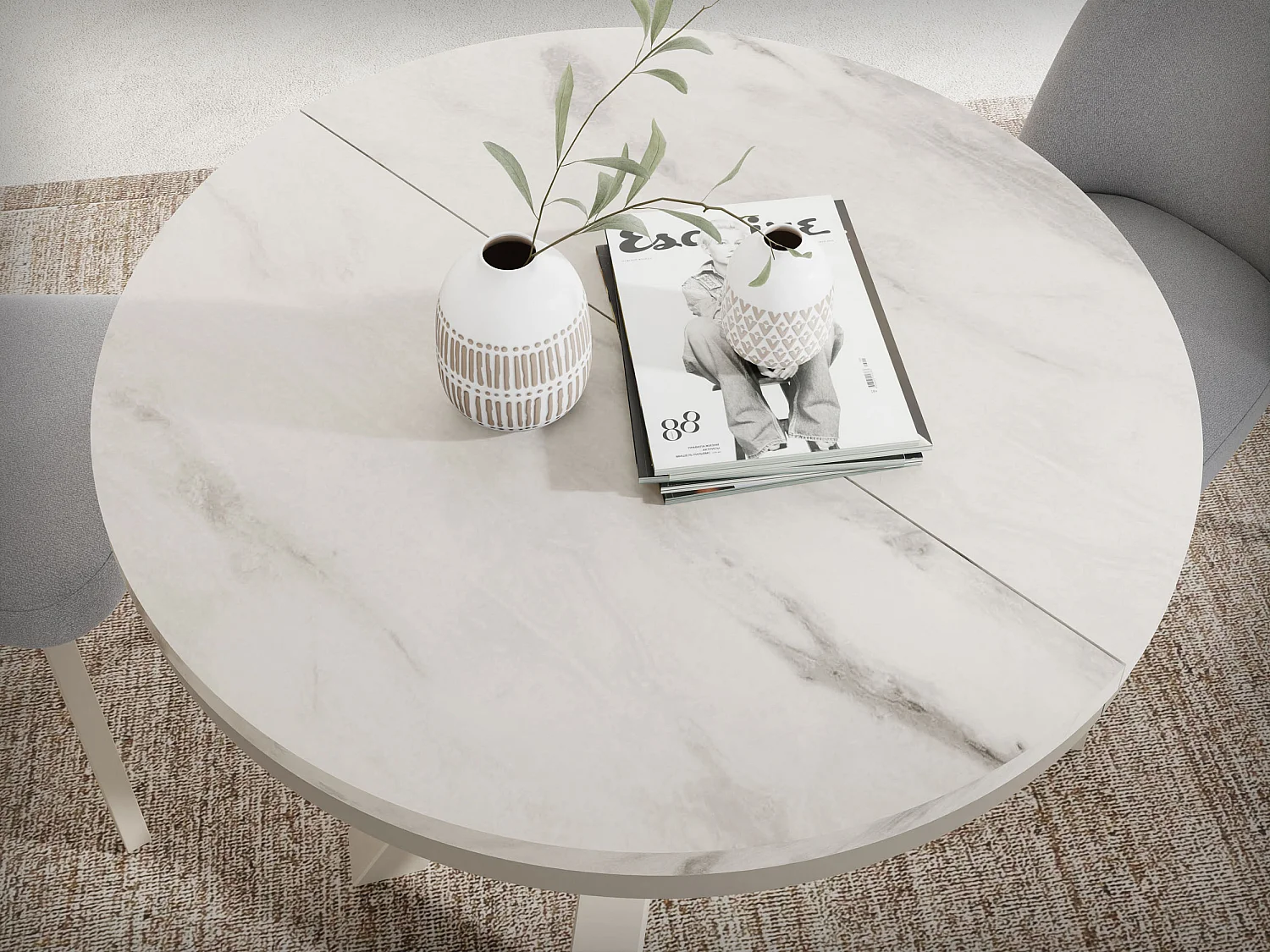 Runder Ausziehbarer Esstisch im Loft-Stil - Industrieller Tisch mit Grau-Beige Metallbeinen - Platzsparender Tisch für Wohnzimmer - Marmor Weiß 100 bis 180 cm