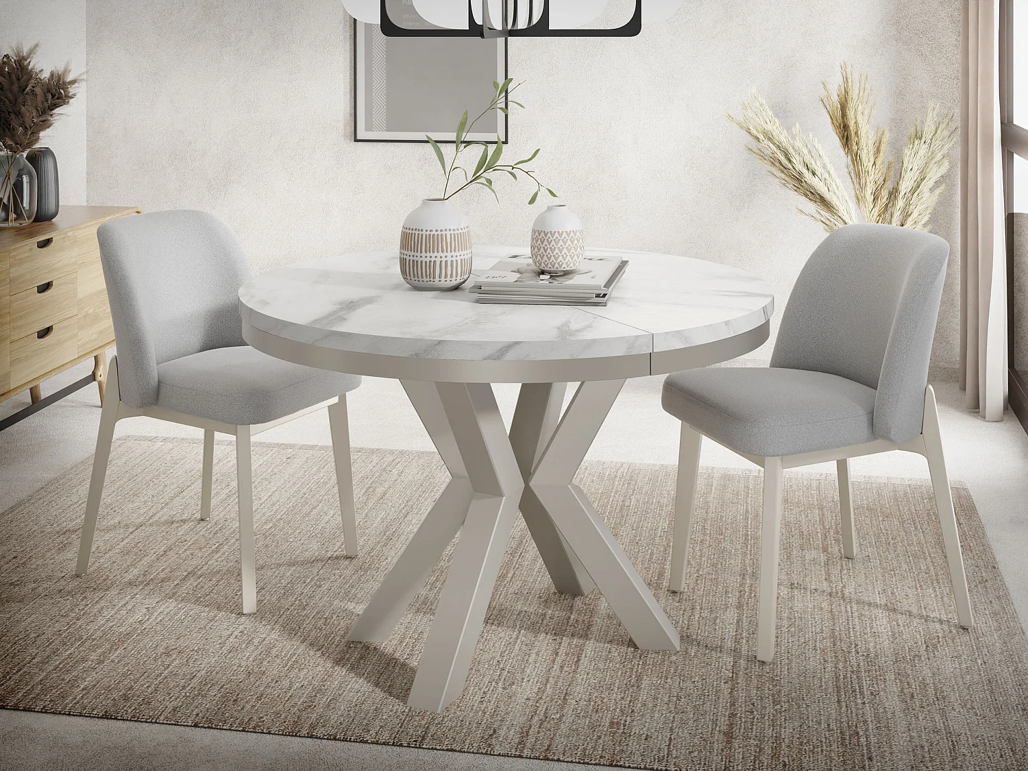 Runder Ausziehbarer Esstisch im Loft-Stil - Industrieller Tisch mit Grau-Beige Metallbeinen - Platzsparender Tisch für Wohnzimmer - Marmor Weiß 100 bis 180 cm