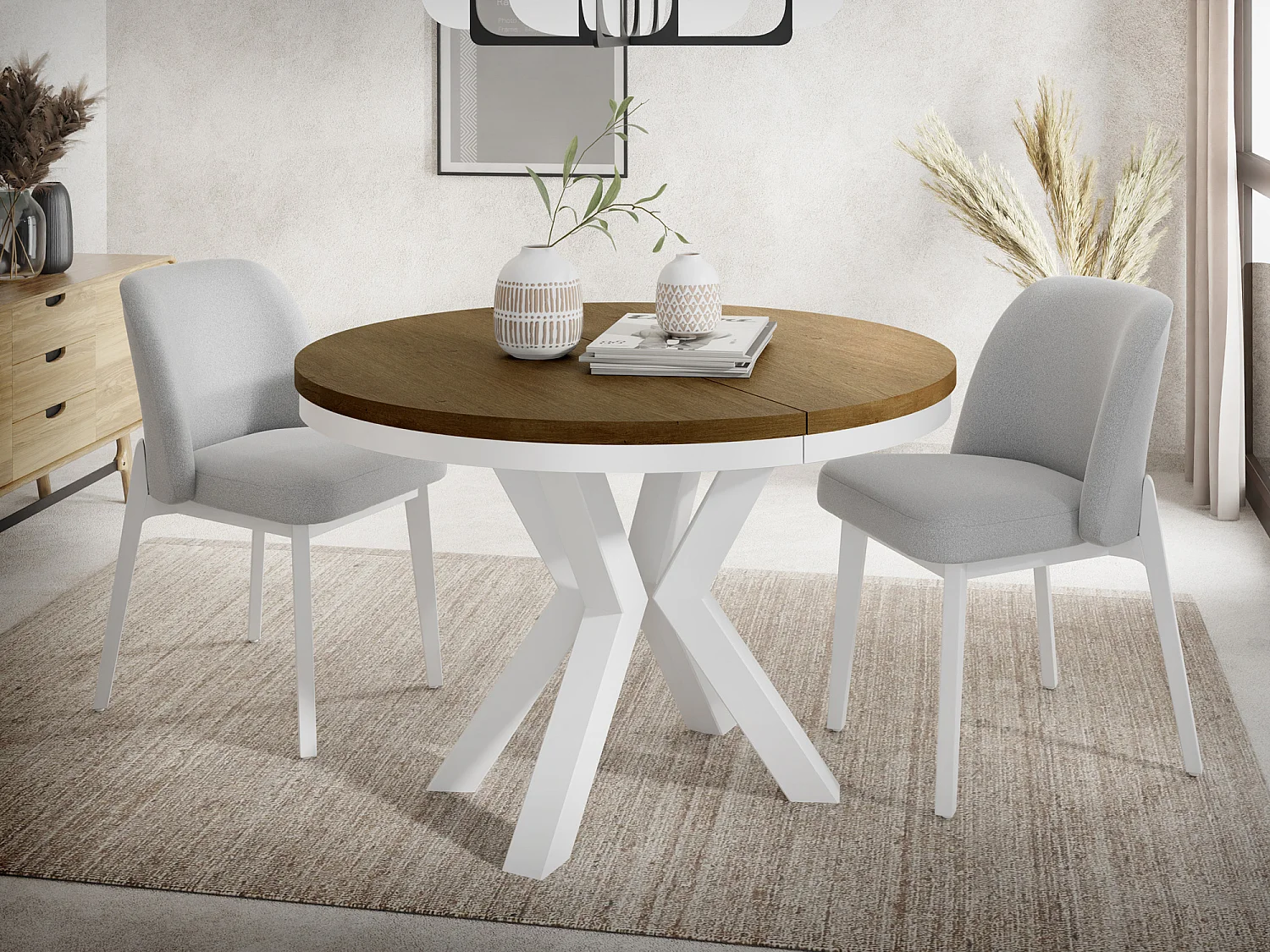 Table à Manger Ronde Extensible Style Loft - Table avec Pieds Métalliques Blancs - Table Gain de Place pour Salon - Chêne Lefkas - 100 à 180 cm