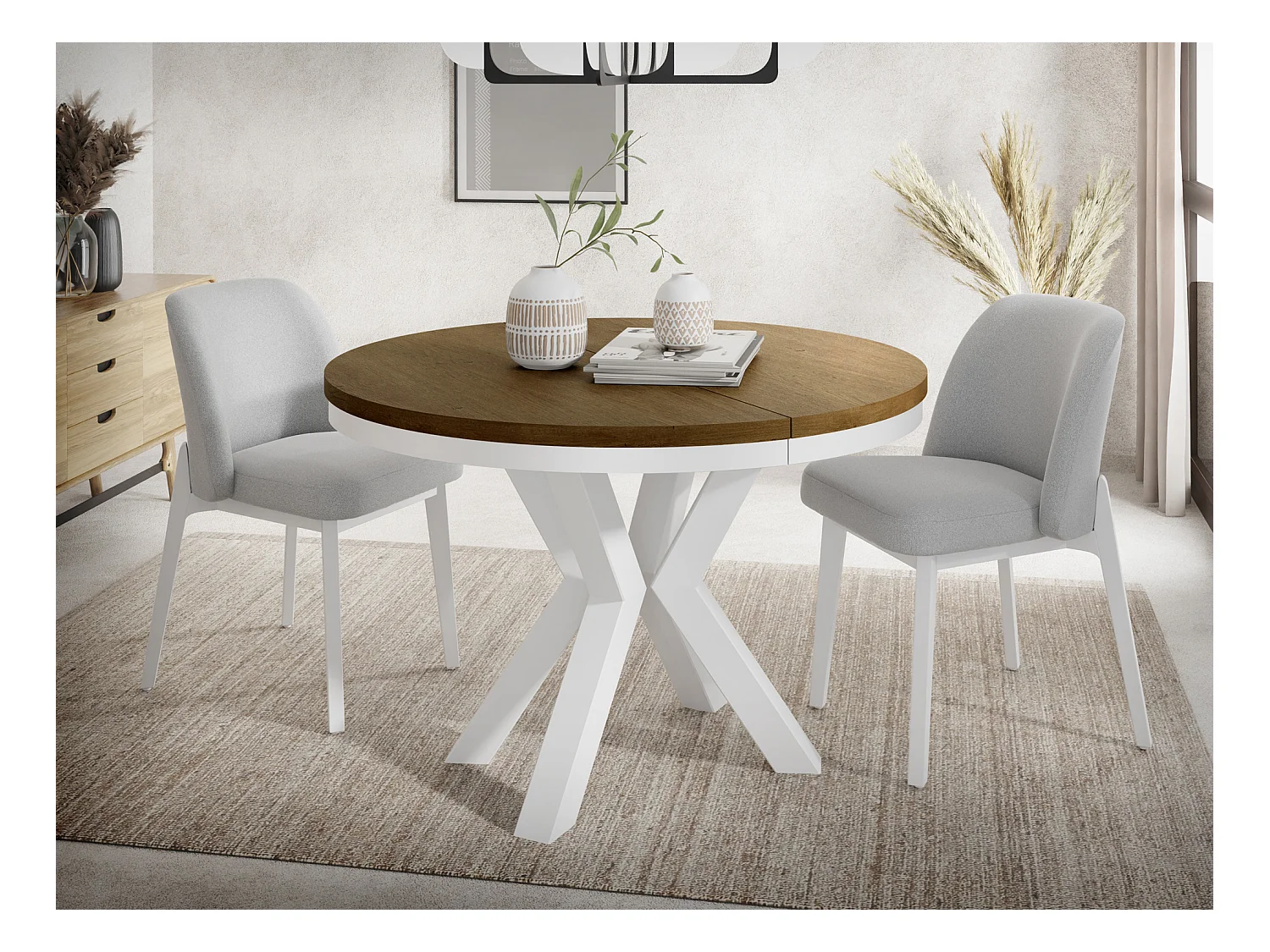 Runder Ausziehbarer Esstisch im Loft-Stil - Industrieller Tisch mit Weißen Metallbeinen - Platzsparender Tisch für Wohnzimmer - Lefkas Eiche - 100 bis 180 cm