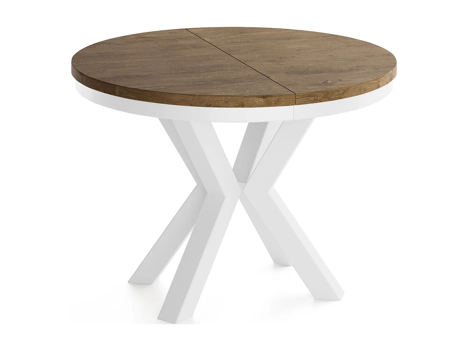 Runder Ausziehbarer Esstisch im Loft-Stil - Industrieller Tisch mit Weißen Metallbeinen - Platzsparender Tisch für Wohnzimmer - Lefkas Eiche - 100 bis 180 cm