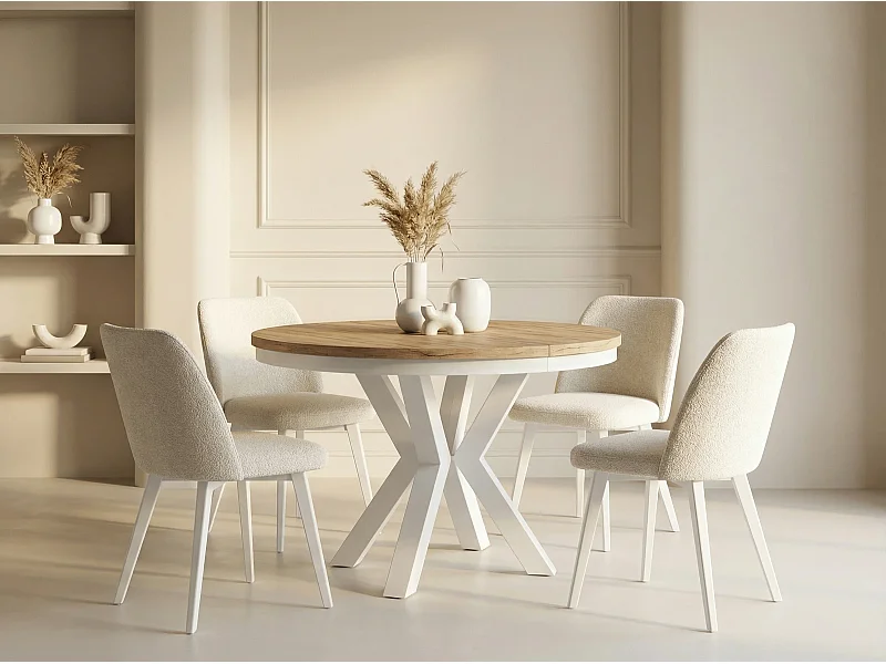 Runder Ausziehbarer Esstisch im Loft-Stil - Industrieller Tisch mit Weißen Metallbeinen - Platzsparender Tisch für Wohnzimmer - Craft Eiche - 120 bis 200 cm