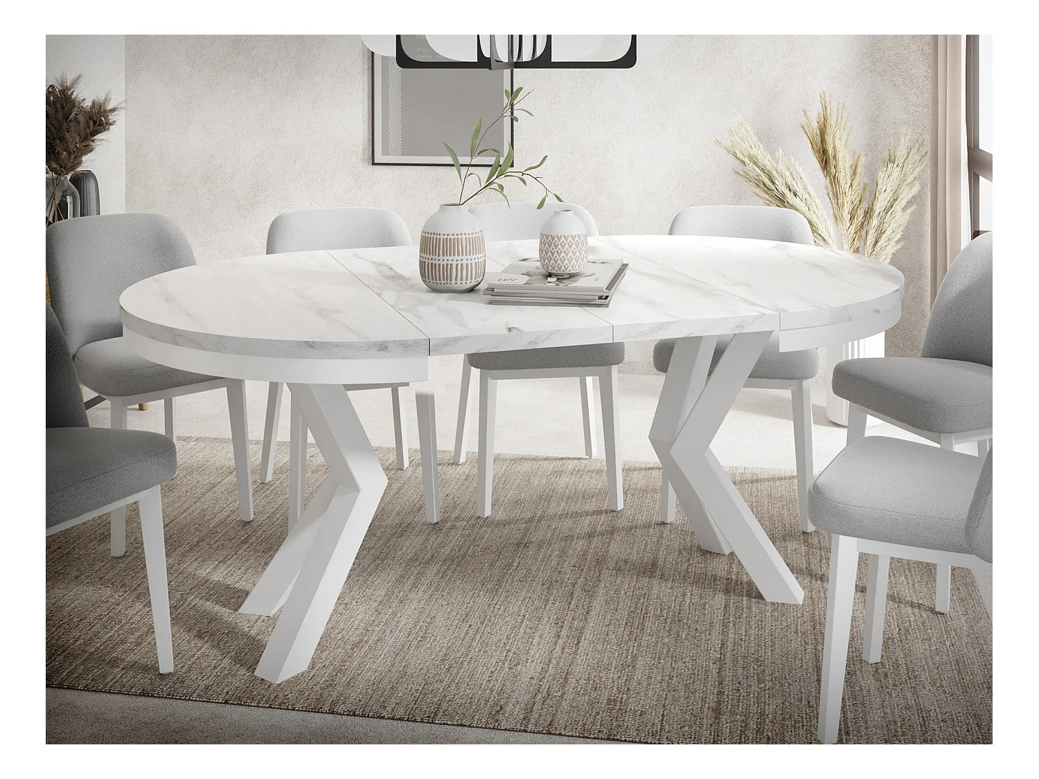 Table à Manger Ronde Extensible Style Loft - Table avec Pieds Métalliques Blancs - Table Gain de Place pour Salon - Marbre Blanc - 120 à 200 cm