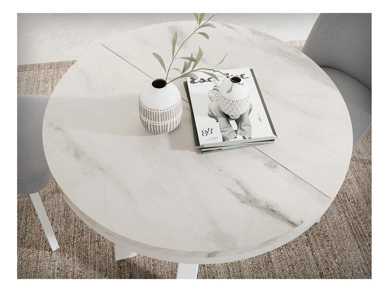 Table à Manger Ronde Extensible Style Loft - Table avec Pieds Métalliques Blancs - Table Gain de Place pour Salon - Marbre Blanc - 120 à 200 cm