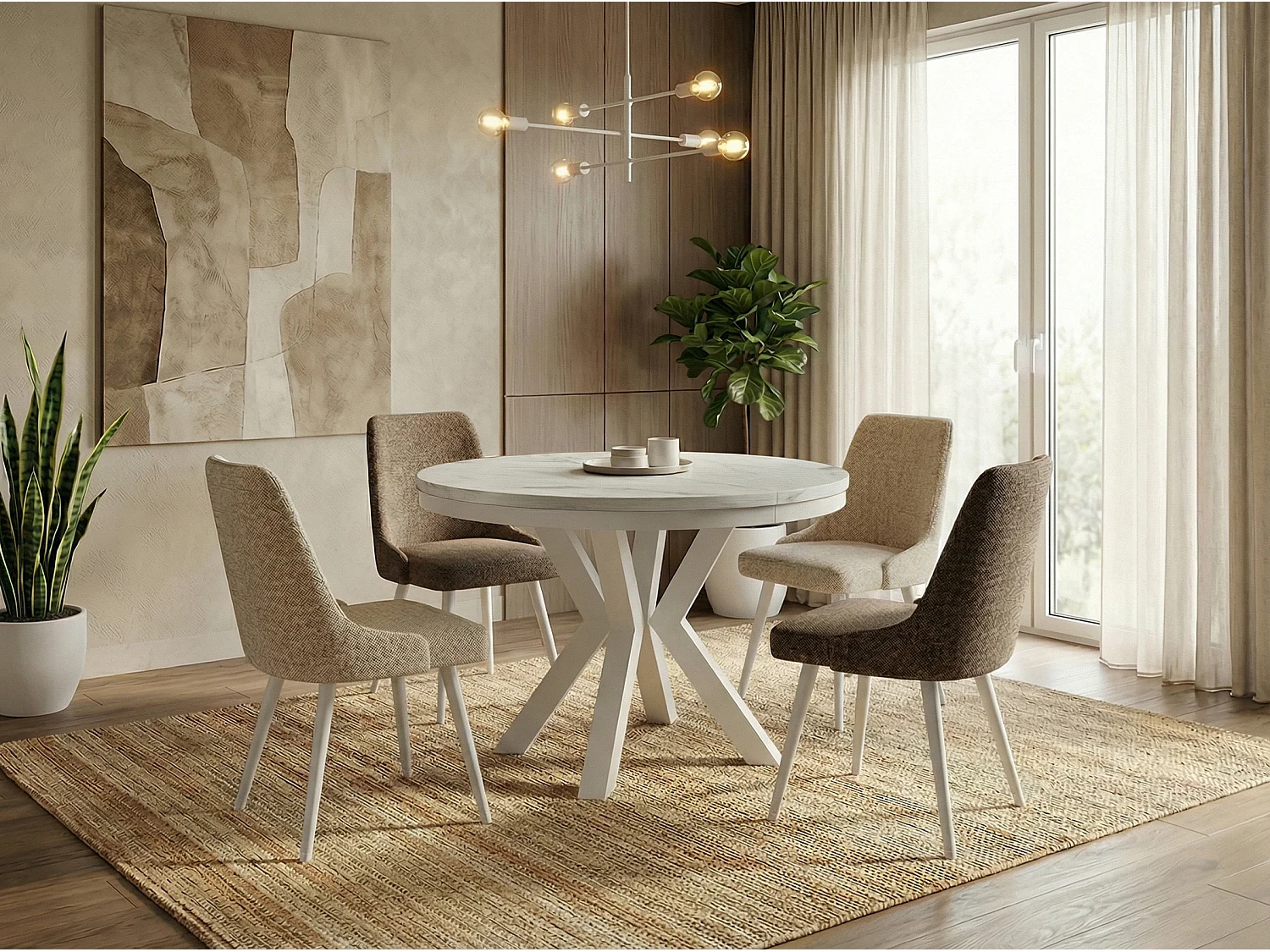 Table à Manger Ronde Extensible Style Loft - Table avec Pieds Métalliques Blancs - Table Gain de Place pour Salon - Marbre Blanc - 120 à 200 cm