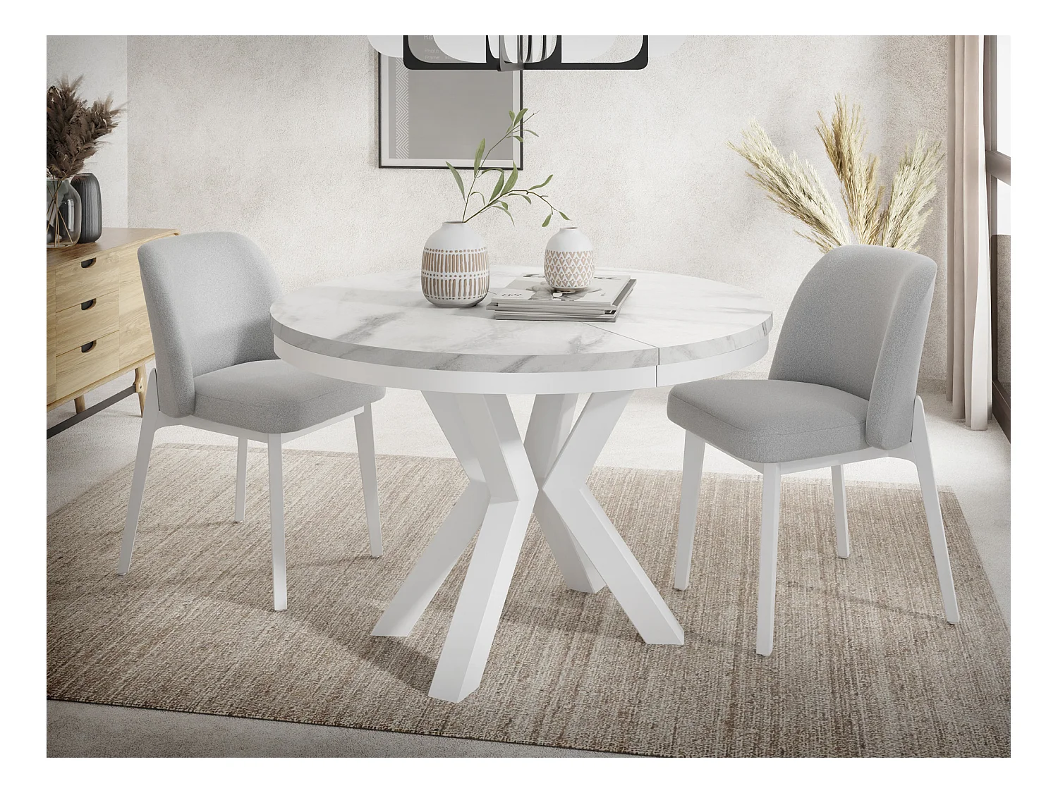 Runder Ausziehbarer Esstisch im Loft-Stil - Industrieller Tisch mit Weißen Metallbeinen - Platzsparender Tisch für Wohnzimmer - Marmor Weiß - 120 bis 200 cm