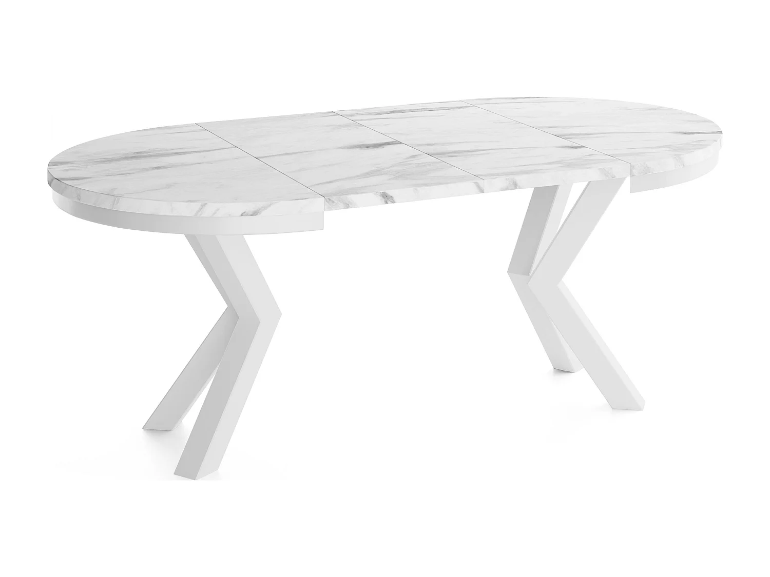 Runder Ausziehbarer Esstisch im Loft-Stil - Industrieller Tisch mit Weißen Metallbeinen - Platzsparender Tisch für Wohnzimmer - Marmor Weiß - 120 bis 200 cm