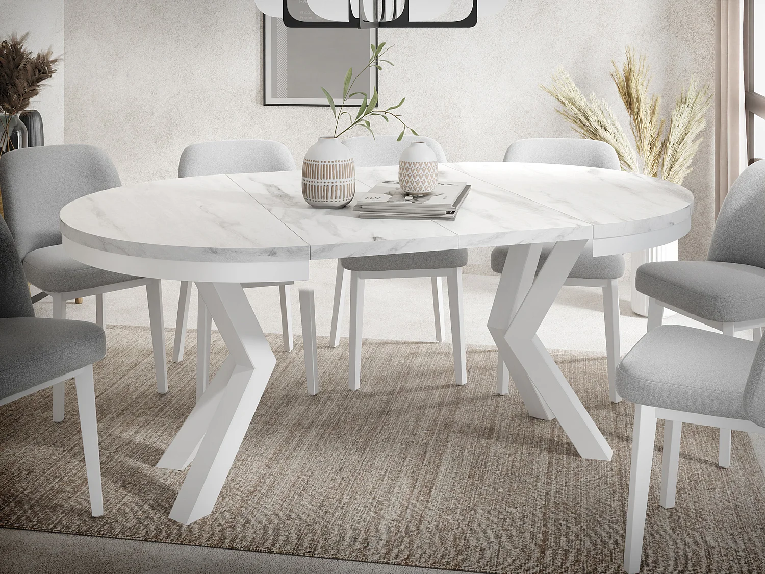 Runder Ausziehbarer Esstisch im Loft-Stil - Industrieller Tisch mit Weißen Metallbeinen - Platzsparender Tisch für Wohnzimmer - Marmor Weiß - 120 bis 200 cm