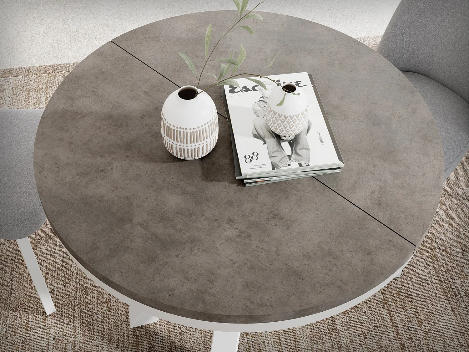 Table à Manger Ronde Extensible Style Loft - Table avec Pieds Métalliques Blancs - Table Gain de Place pour Salon - Béton Chicago Gris Foncé - 120 à 200 cm