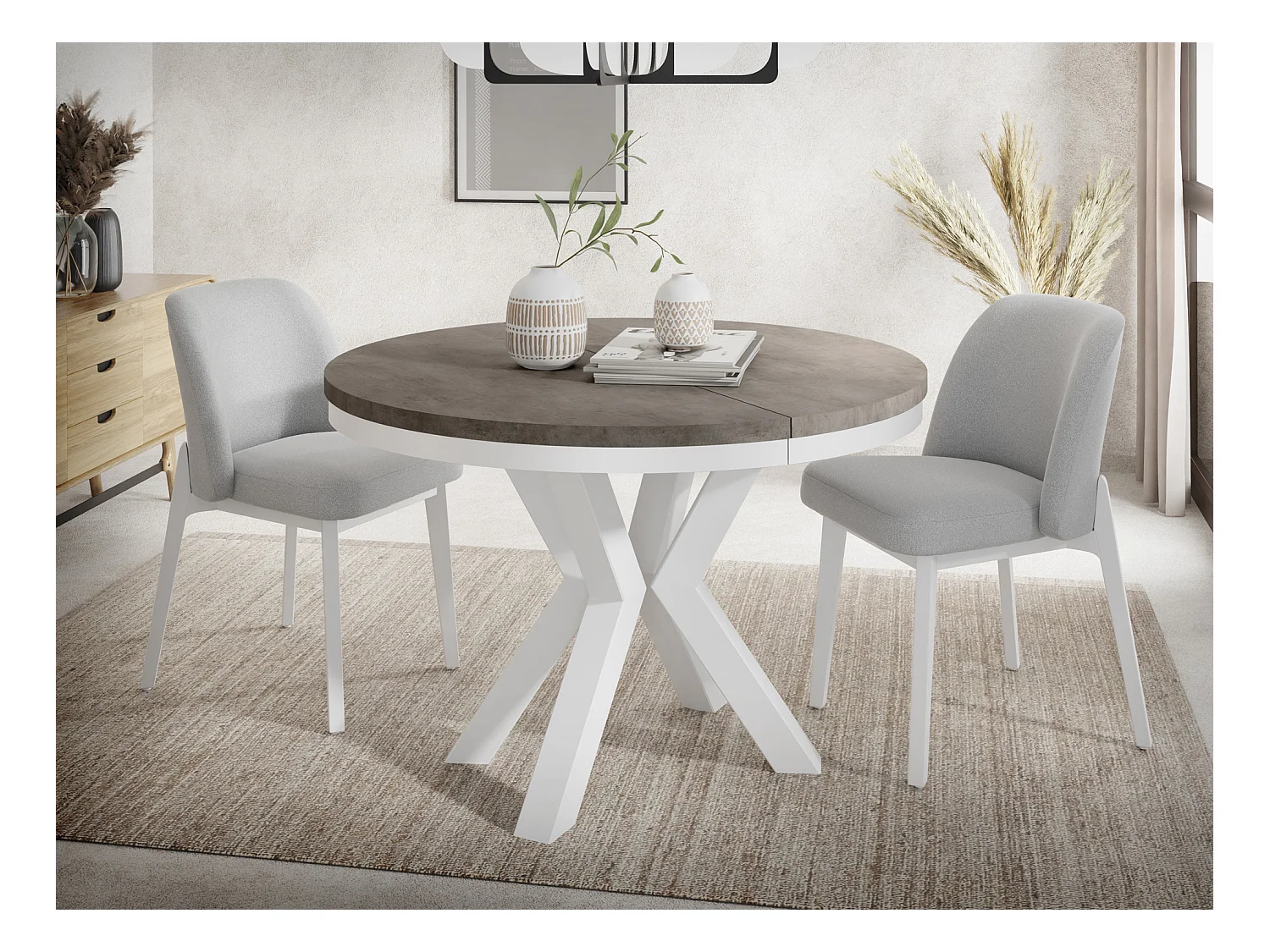 Runder Ausziehbarer Esstisch im Loft-Stil - Tisch mit Weißen Metallbeinen - Platzsparender Tisch für Wohnzimmer Dark Grey Chicago Concrete 120 bis 200 cm