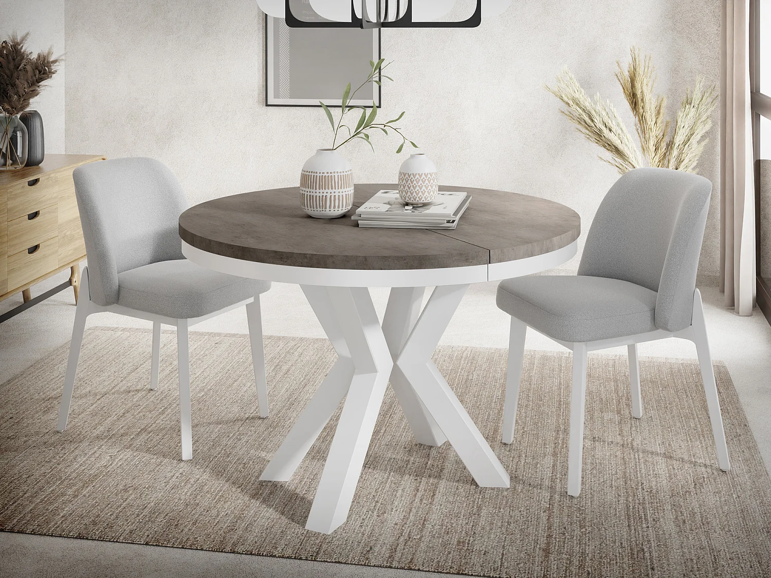 Runder Ausziehbarer Esstisch im Loft-Stil - Tisch mit Weißen Metallbeinen - Platzsparender Tisch für Wohnzimmer Dark Grey Chicago Concrete 120 bis 200 cm