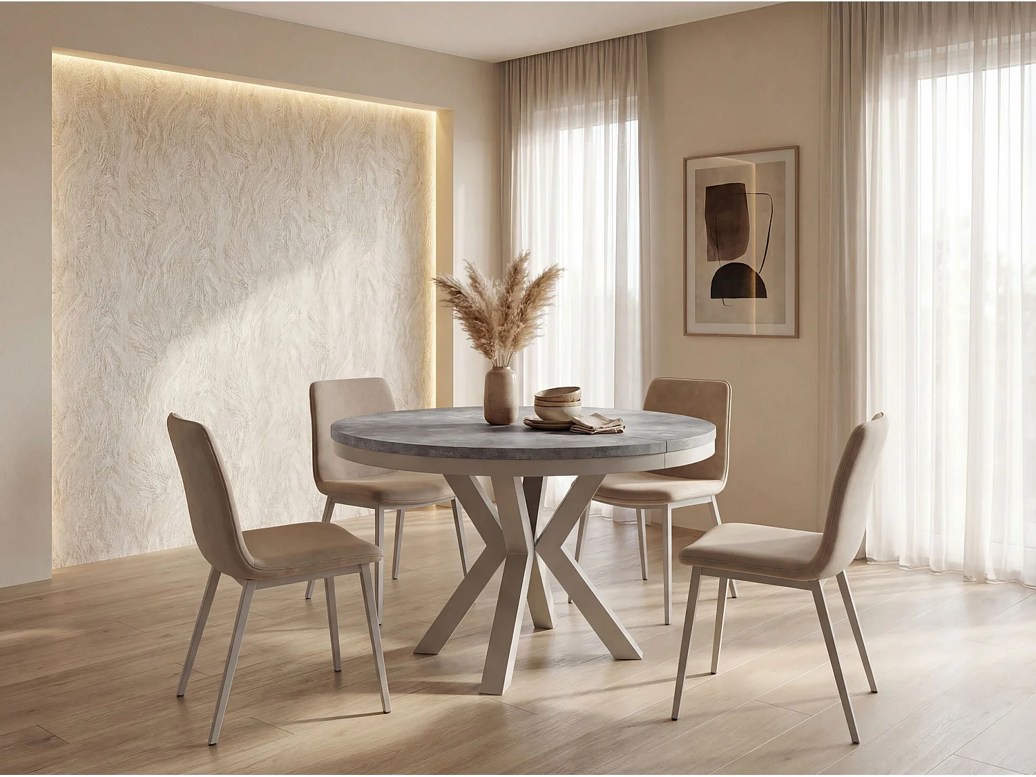 Runder Ausziehbarer Esstisch im Loft-Stil - Industrieller Tisch mit Grau-Beige Metallbeinen - Platzsparender Tisch für Wohnzimmer - Grauer Beton 120 bis 200 cm