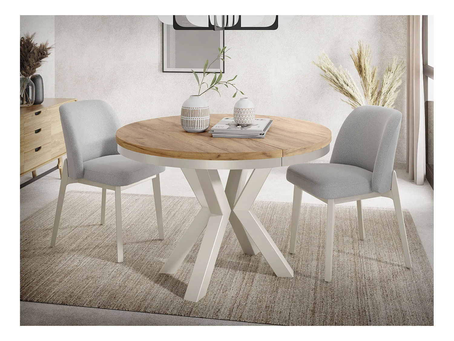 Table à Manger Ronde Extensible Style Loft - Table avec Pieds Métalliques Beige Cashmere - Table Gain de Place pour Salon - Chêne Craft Or - 120 à 200 cm