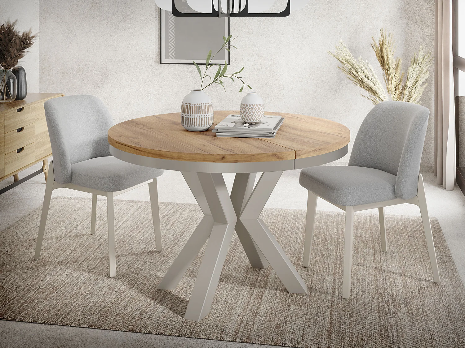 Runder Ausziehbarer Esstisch im Loft-Stil - Industrieller Tisch mit Grau-Beige Metallbeinen - Platzsparender Tisch für Wohnzimmer - Craft Eiche - 120 bis 200 cm