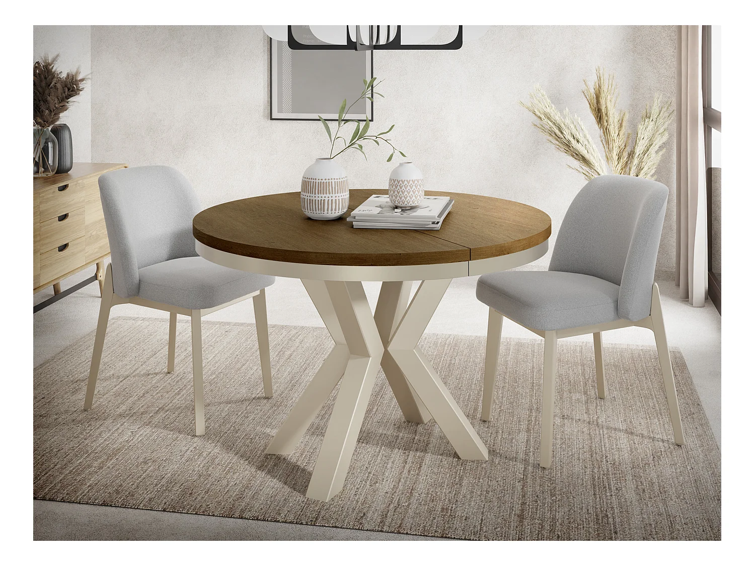 Runder Ausziehbarer Esstisch im Loft-Stil - Industrieller Tisch mit Beige Cashmere Metallbeinen - Platzsparender Tisch für Wohnzimmer - Lefkas Eiche 100 bis 180 cm