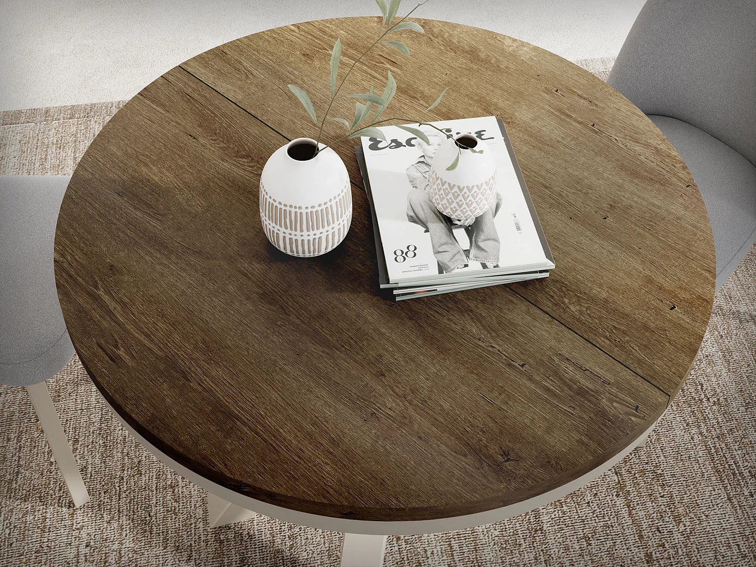 Runder Ausziehbarer Esstisch im Loft-Stil - Industrieller Tisch mit Grau-Beige Metallbeinen - Platzsparender Tisch für Wohnzimmer - Lefkas Eiche 100 bis 180 cm