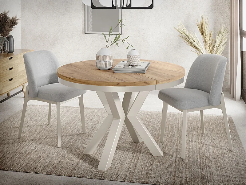 Table à Manger Ronde Extensible Style Loft - Table avec Pieds Métalliques Beige Cashmere - Table Gain de Place pour Salon - Chêne Craft Or - 100 à 180 cm