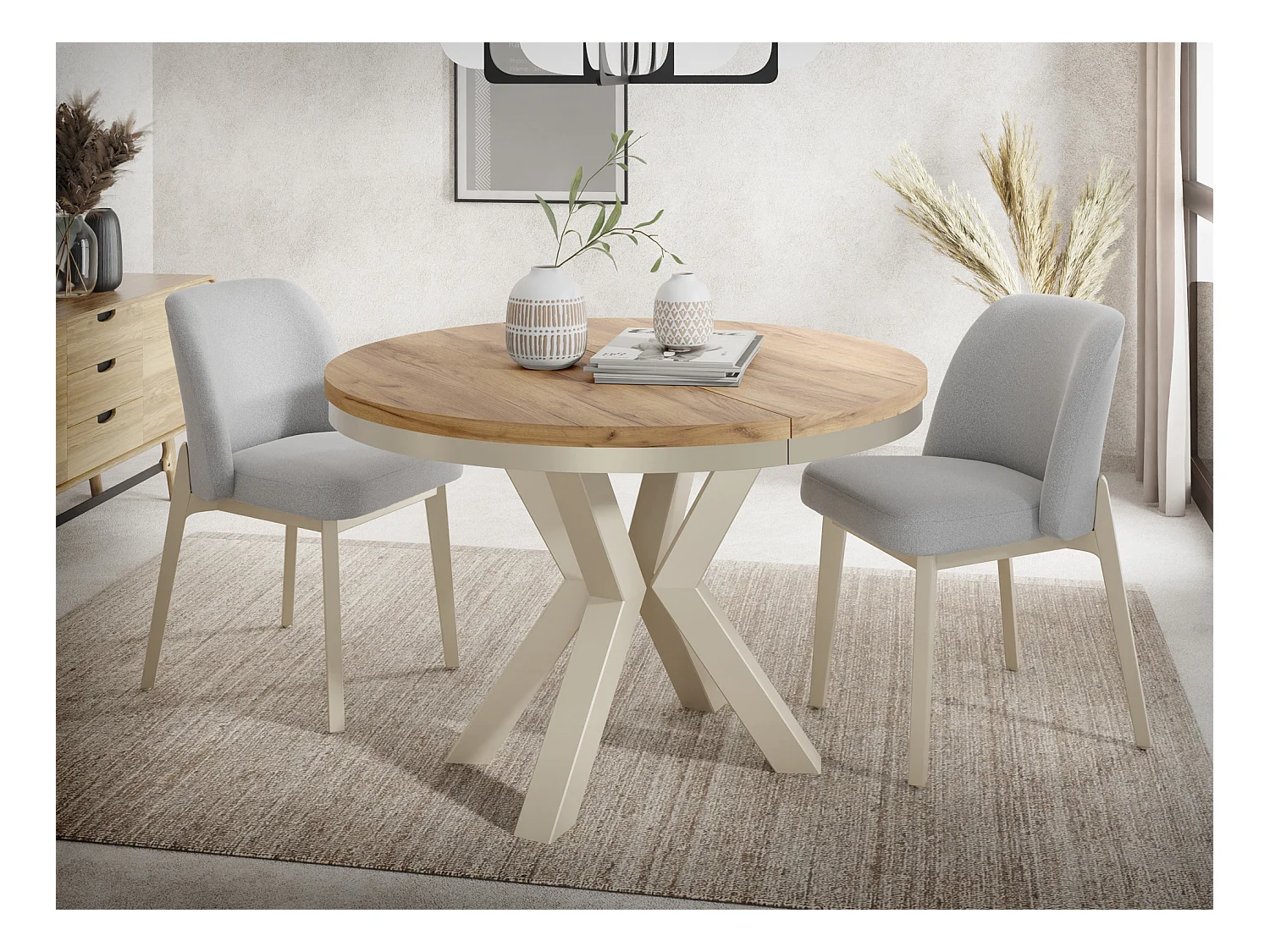 Runder Ausziehbarer Esstisch im Loft-Stil - Industrieller Tisch mit Beige Cashmere Metallbeinen - Platzsparender Tisch für Wohnzimmer - Craft Eiche - 100 bis 180 cm
